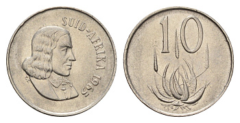 ЮАР 10 центов 1965 Ян ван Рибек (1619-1677), Suid Africa, легенда на африкаанс, цветок алоэ KM 68.2 никель 4687-332