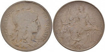 ФРАНЦИЯ 10 САНТИМОВ 1916 ТИП ДАНИЭЛЬ ДЮПЮИ KM 843, LA FRANC 136.27 бронза 4403-1122