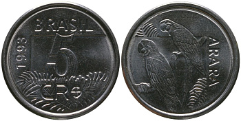 Бразилия 5 крузейро 1993 KM 627, Schon 136 нержавеющая сталь 4519-614