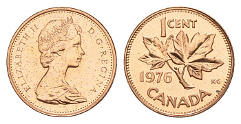 Канада 1 цент 1976 Елизавета II (1952-2022), кленовый лист KM 59.1 бронза PROOF-LIKE (BU) 4630-923