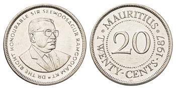 Маврикий 20 центов 1987 KM 53 сталь плакированная никелем UNC 4623-1231