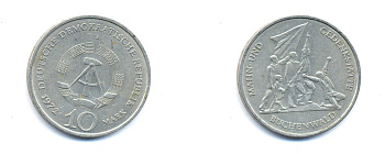 ГДР 10 марок 1972 A, мемориал Бухенвальда KM 38, J. 1539 медно-никель 3333-311