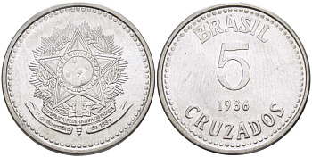 Бразилия 5 крузадо 1986 реформа (1986-1989) KM 606 нержавеющая сталь 28-856