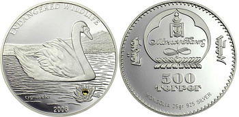 Монголия 500 тугриков 2006 лебедь, кристалы Сваровски KM 230 серебро PROOF Ш3