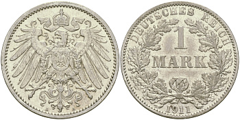 Германия 1 марка 1911 A Weege 18, J. 17, KM 14 серебро aUNC 65-237
