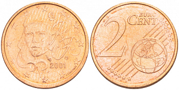 Франция 2 евроцента 2001 KM 1283 сталь плакированная медью UNC 4528-837