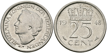 НИДЕРЛАНДЫ 25 ЦЕНТОВ 1948 ВИЛЬГЕЛЬМИНА KM 178 никель 46-2442