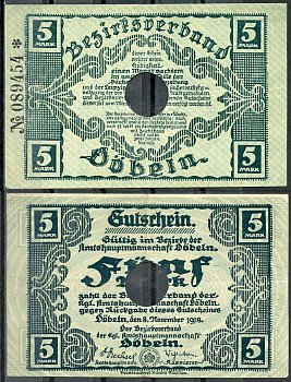 Германия, Дёбельн 5 марок 1918 нотгельд, 8.11.1918, цифры черные, крупные Geiger 105.01  бумага  UNC (пресс) 444-115-2-2