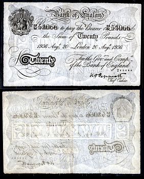 Англия 20 фунтов 1936 Лондон, 20 августа, Операция "Бернхард", фальшивка в ущерб денежному обращению Pick 337 a  бумага   451-1263-2