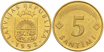 Латвия 5 сантимов 1992 KM 16 латунь UNC 4547-1143