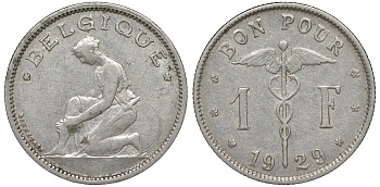 Бельгия 1 франк 1929 Belgique KM 89 никель 51-2036
