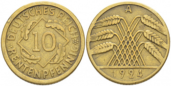 ГЕРМАНИЯ 10 РЕНТЕНПФЕННИГОВ 1924 A KM 33, J. 309, Weege 8 алюминиевая бронза 4539-1014