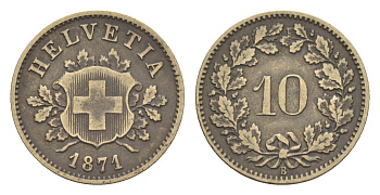 Швейцария 10 раппенов 1871 B, редкий год KM 6 серебро 1518-824