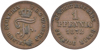 Мекленбург-Шверин 1 пфенниг 1872 В, Фридрих Франц II (1842-1883) KM 315 (С102), AKS 50, J.60 медь 112-1223