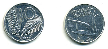 ИТАЛИЯ 10 ЛИР 1975 ПЛУГ KM 93 алюминий 59-631