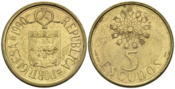 Португалия 5 эскудо 1990 KM 632 никель латунь 4148-452