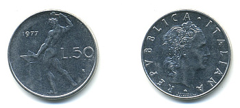 ИТАЛИЯ 50 ЛИР 1977 R, БОГ ОГНЯ ВУЛКАН У НАКОВАЛЬНИ KM 95.1 нержавеющая сталь 4379-411