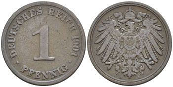 ГЕРМАНИЯ 1 ПФЕННИГ 1901 A KM 10, Jager. 10, Weege 2 медь 4528-1166