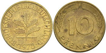 ФРГ 10 пфеннигов 1978 F KM 106 сталь плакированная латунью 4571-543