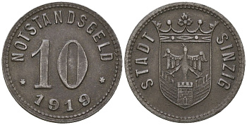 Зинциг (Пруссия, Рейн) 10 пфеннингов 1919 Funck 502.5A, Men18 29451.9 железо 4586-831