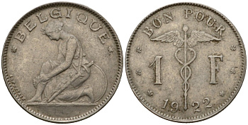 Бельгия 1 франк 1922 Belgique, Альберт I (1910-1934) KM 89 никель 4601-411