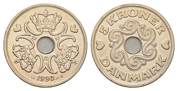 Дания 5 крон 1990 Маргрете II (1972-2024) KM 869 медно-никель UNC 175-1214