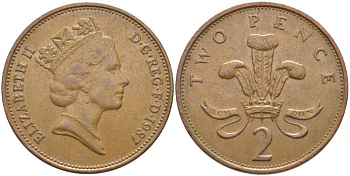Великобритания 2 пенса 1987 Елизавета II (1952-2022) KM 936, Spink 4376 (C3) бронза 117-135