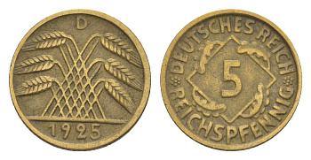 Германия 5 рейхспфеннигов 1925 D KM 39, J. 316 алюминиевая бронза 4636-724