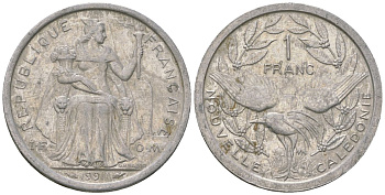 Французская Новая Каледония 1 франк 1991 птица кагу, (IEOM) KM 10, Schoen 10, Lec 51 алюминий 53-833