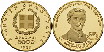 Греция 5000 драхм 1982 Пьер де Кубертен KM 143 золото 00-000-00