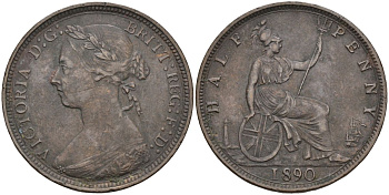 Великобритания 1/2 пенни 1890 Виктория (1837-1901) KM 754, Spink 3956 бронза 443-1433