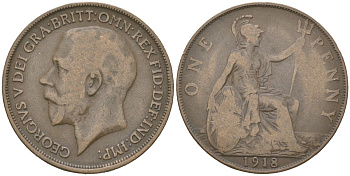 Великобритания 1 пенни 1918 Георг V (1910-1936) KM 810, Spink 4051 бронза 3855-314