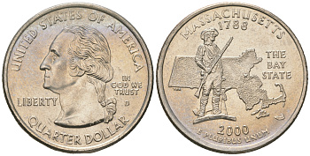 США 25 центов = квотер 2000 D, серия штаты США, Массачусетс KM 305 медь плакированная медно-никелем UNC 60-1317