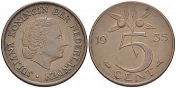 НИДЕРЛАНДЫ 5 ЦЕНТОВ 1955 ЮЛИАНА KM 181 бронза 214-769