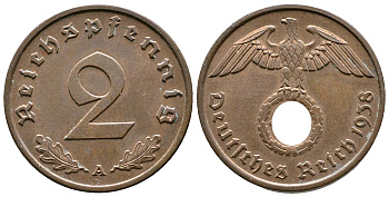 Германия 2 рейхспфеннига 1938 A KM 90, J. 362 бронза 176-554