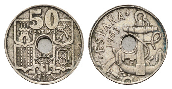 Испания 50 сентимо 1963 (65) Франсиско Франко (1939-1975) KM 777 медно-никель 4702-254