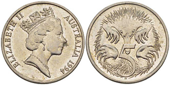 Австралия 5 центов 1994 Елизавета II (1952-), ехидна KM 80 медно-никель 105-323