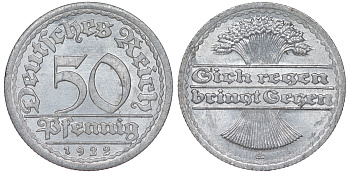 Германия 50 пфеннигов 1922 A KM 27, J. 301 алюминий aUNC 4114-1211