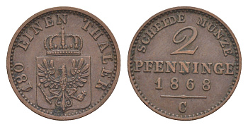 Пруссия 2 пфеннига 1868 C, Вильгельм I (1861-1888) KM 481, Jaeger 51, AKS 107, Olding 425 медь 4651-322