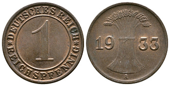ГЕРМАНИЯ 1 РЕЙХСПФЕННИГ 1933 A KM 37, J. 313 бронза 4380-1237