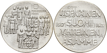 Финляндия 10 марок 1977 K-H, 60 лет независимости (1917-1977) KM 55 серебро UNC 1523-711