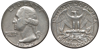 США 25 центов (квотер) 1972 D, Вашингтон KM 164а медь покрытая медно-никелем 72-416