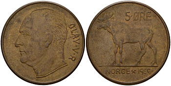 Норвегия 5 эре 1959 Улаф V (1958 - 1991) KM 405 бронза 4156-251