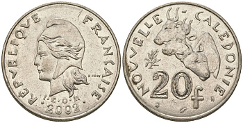 Французская Новая Каледония 20 франков 2002 три быка, (IEOM) KM 12, Schoen 14, Lec 115f никель 81-426