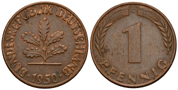 ФРГ 1 пфенниг 1950 G KM 105, J.380 сталь плакированная медью 4602-753