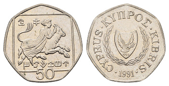Кипр 50 центов 1991 похищение Европы KM 66 медно-никель 4700-1141