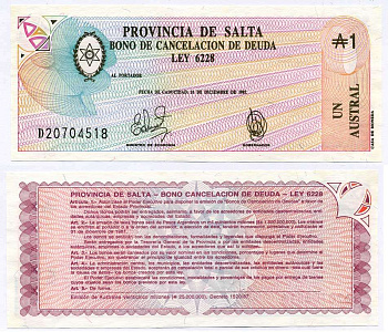 Аргентина, провинция Сальта 1 аустраль 1987 Pick S 2612e бумага UNC (пресс) 6262-38-2-2