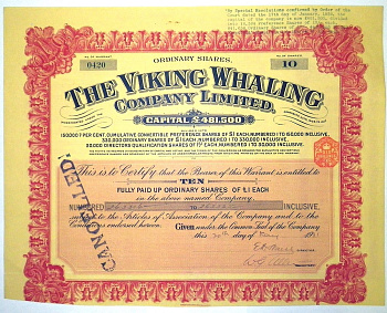 Великобритания The Viking Whaling Company Limited , китобойная компания 10 обыкновенных акций в 1 фунт 1931 бумага 5553-5