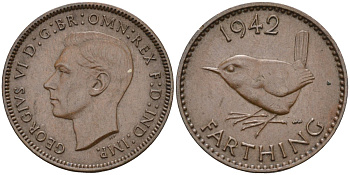 Великобритания 1 фартинг 1942 Георг VI (1936-1952) KM 843, Spink 4116 бронза 4584-147
