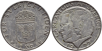 Швеция 1 крона 1977 Карл XVI Густав (1973- ) KM 852 медь плакированная медно-никелем 4397-812